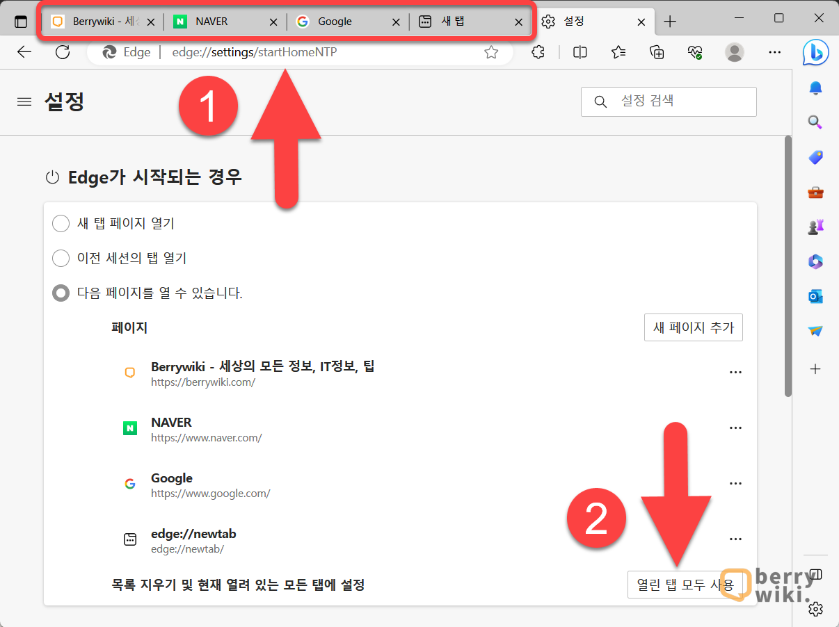 Edge 엣지 브라우저 시작페이지 여러개 띄우기